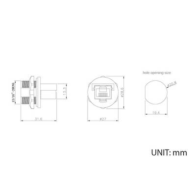Technical drawing of a round Ethernet socket with dimensions in millimetres. Shows front and side view as well as drill hole size.