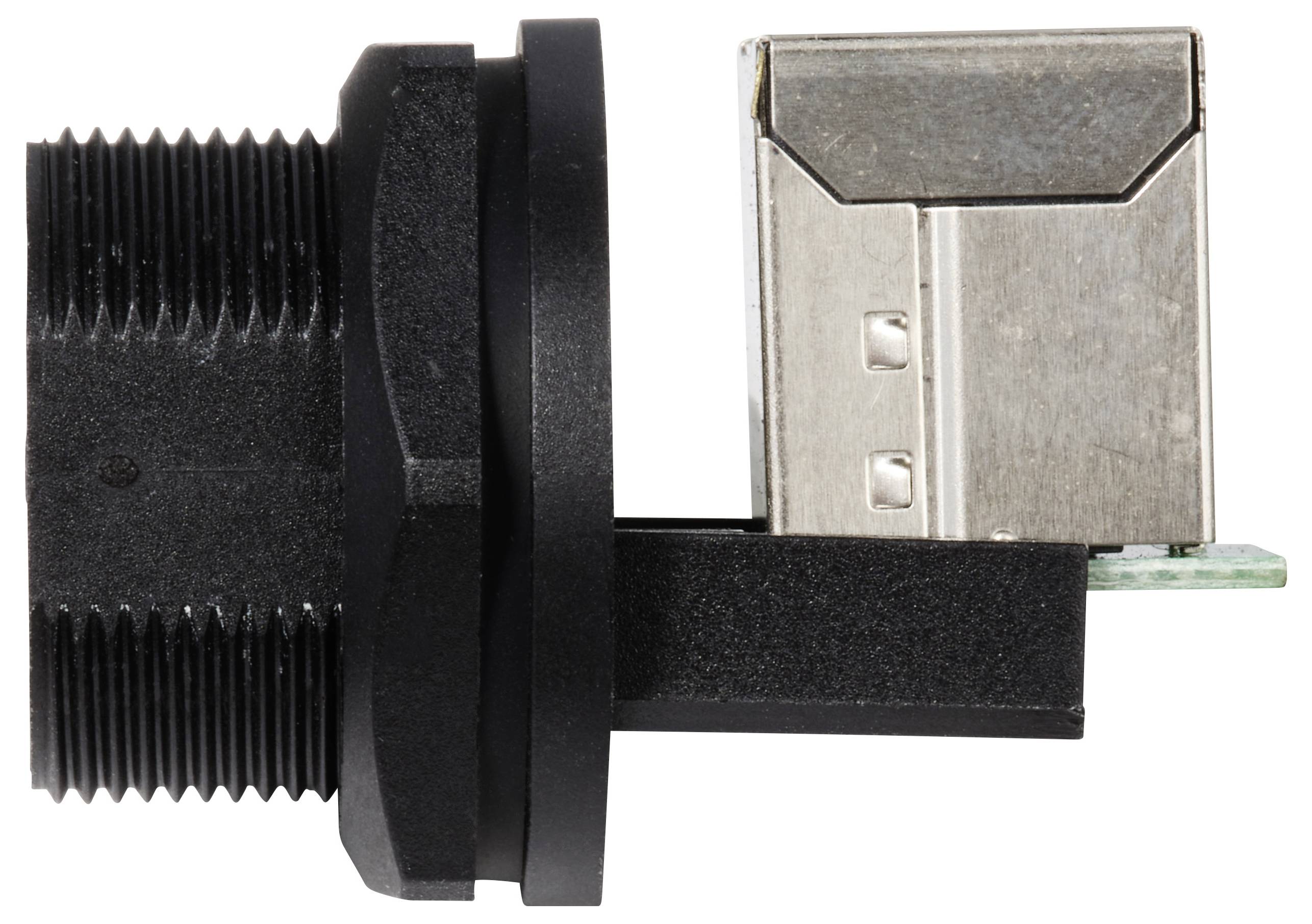 'Triple cable connection with black plastic threading and silver rectangular metal plug.'