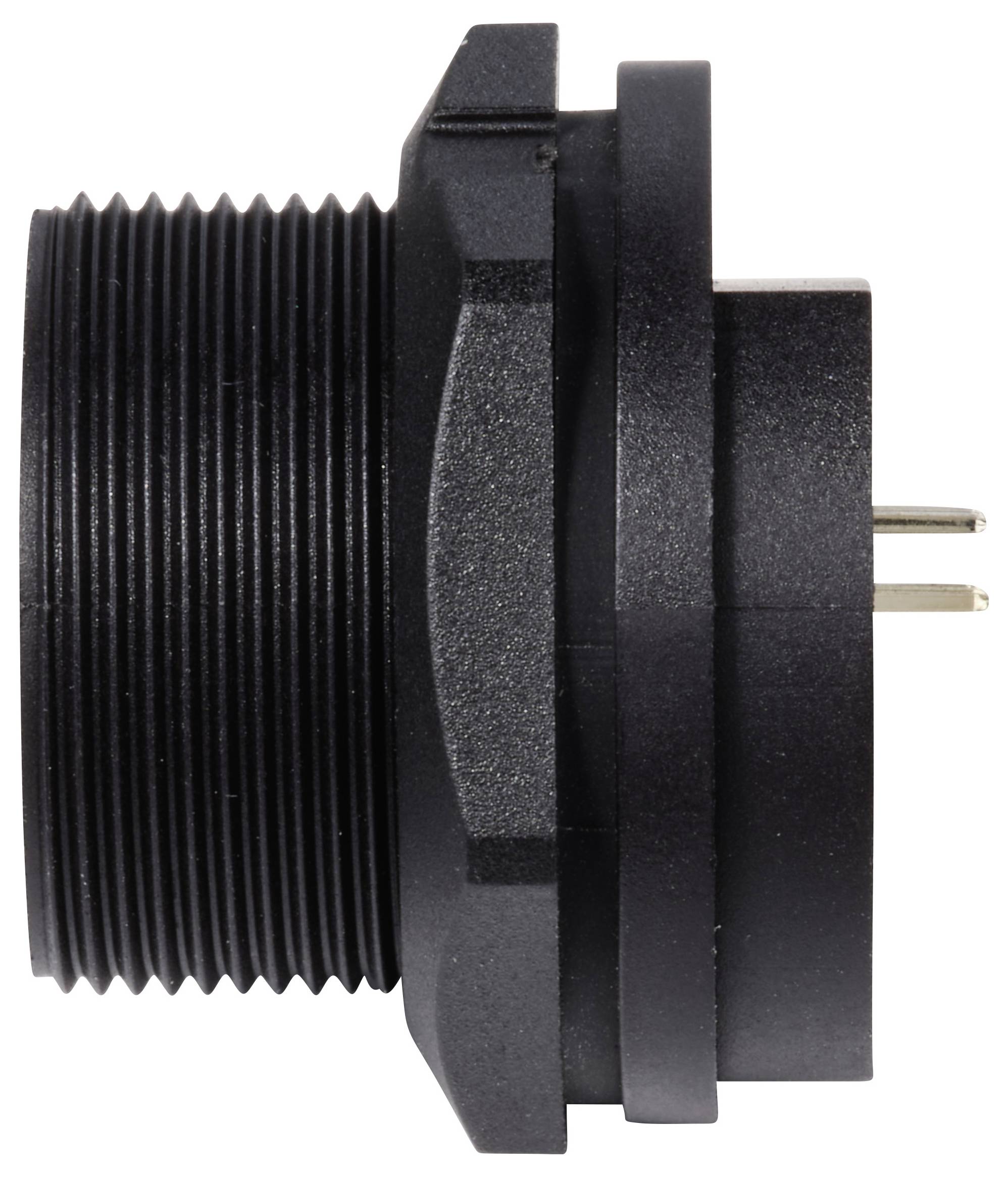 Black, cylindrical electrical connector with threading and three metal pins on the side. Suitable for industrial applications.