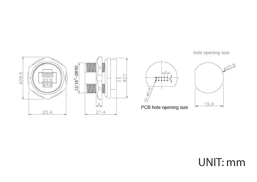 Technical drawing of an RJ45 connector with dimensions. Side view, front view, and detail of the mounting hole shown. Unit of measurement: mm.