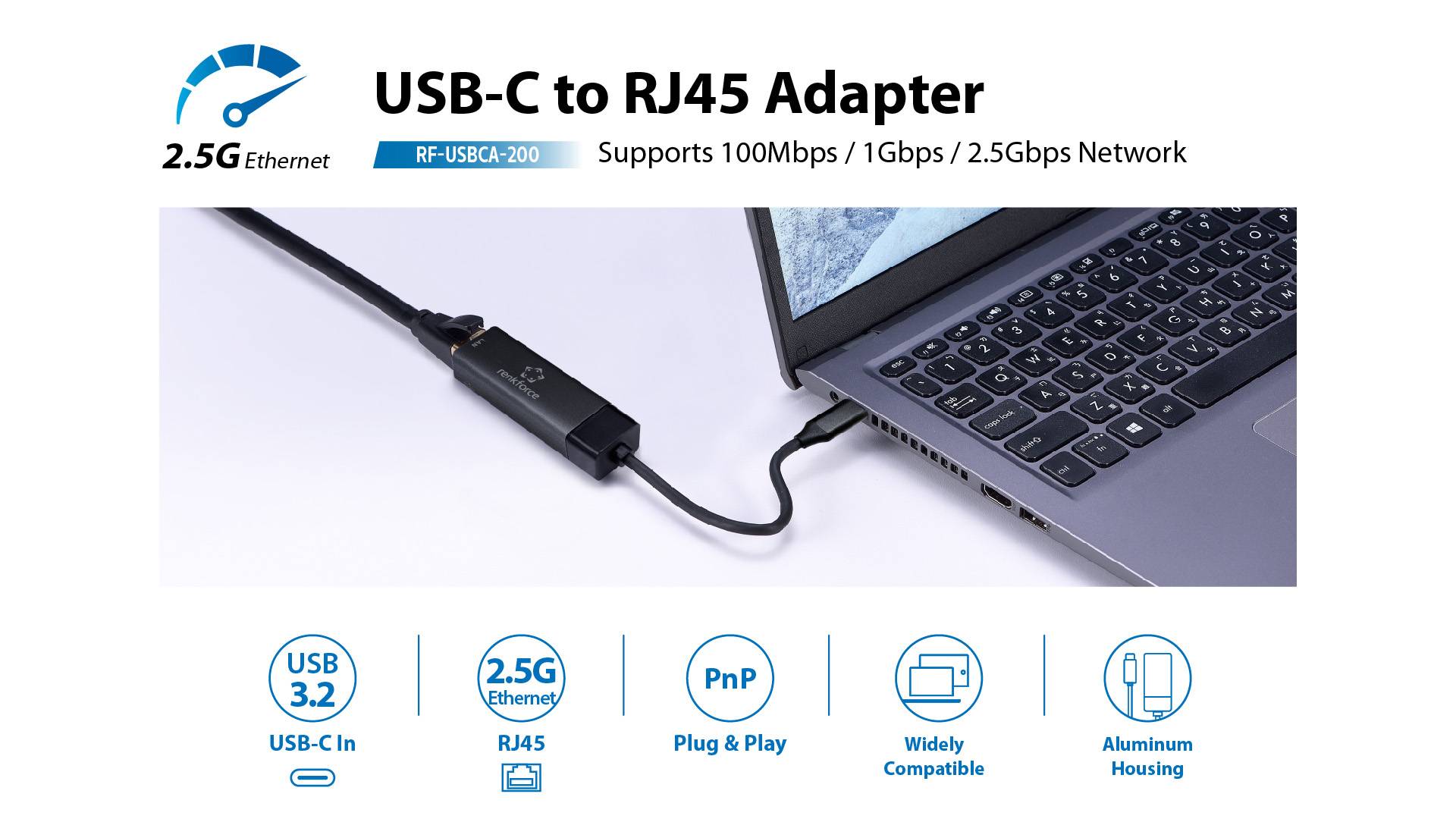A USB-C to RJ45 adapter is connected to a laptop. Supports 100Mbps, 1Gbps, 2.5Gbps network. Features: USB-C input, aluminium casing, plug-and-play.