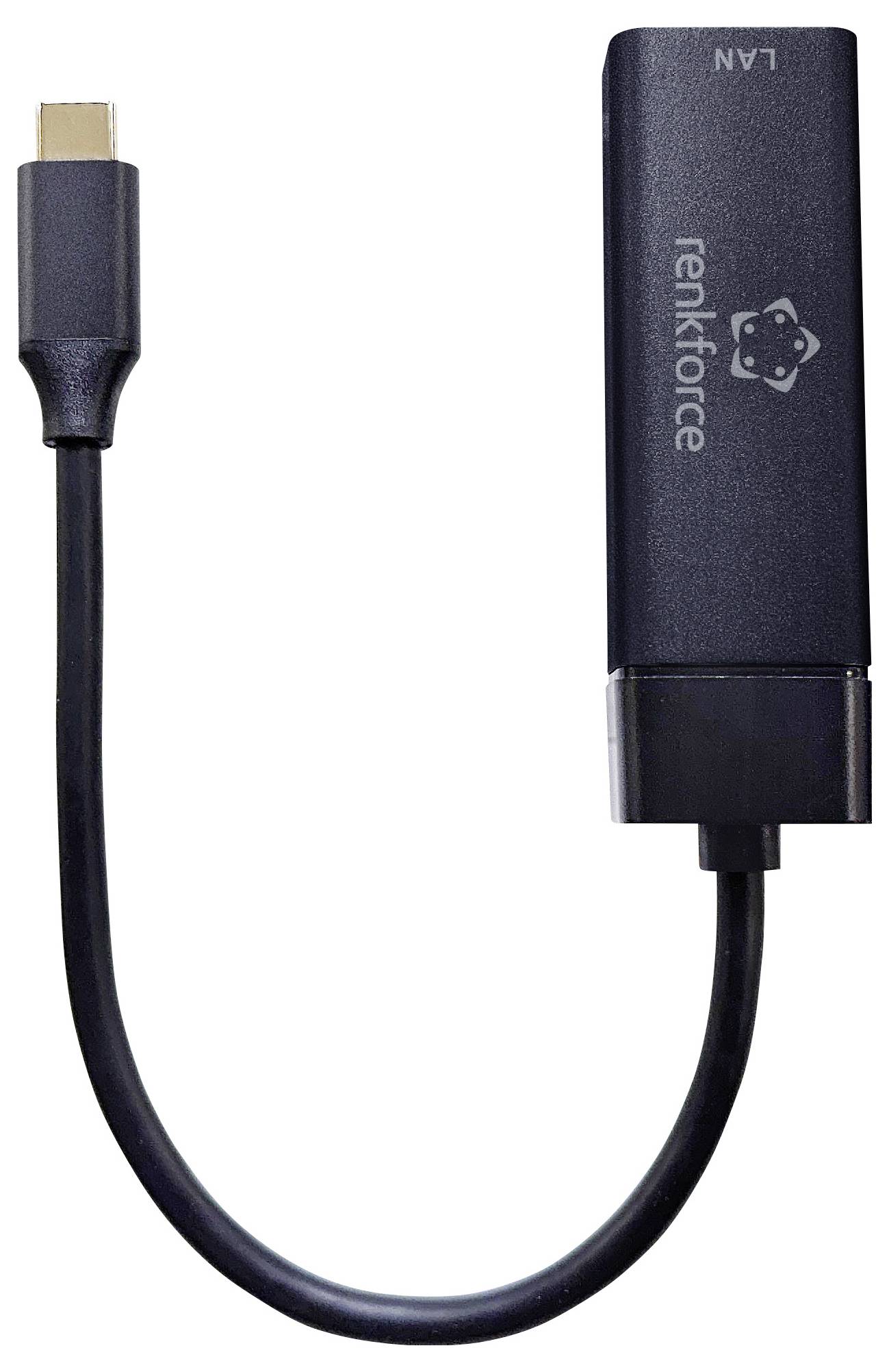 USB-C to LAN Adapter by Renkforce, black design, cable connected, uses USB-C port for network connection via Ethernet.