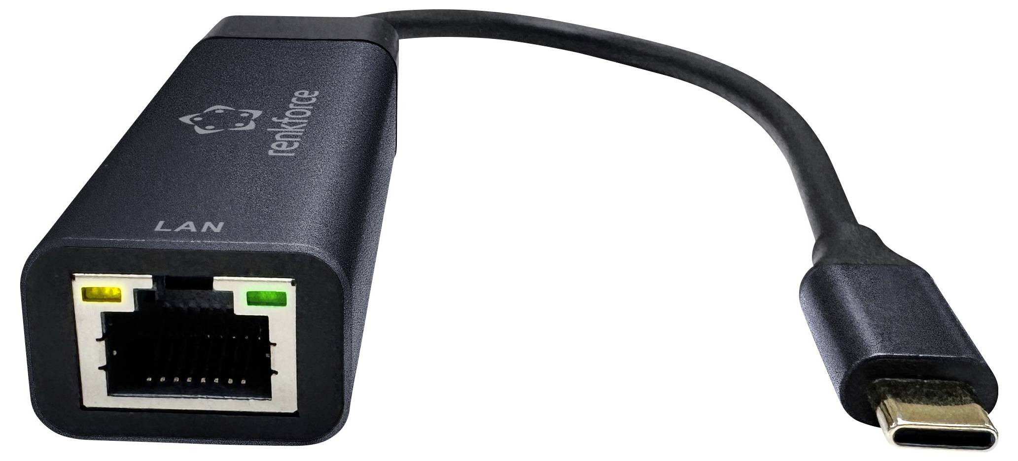 USB-C to LAN adapter with an Ethernet port at one end and a USB-C plug at the other end, connects devices to wired network.