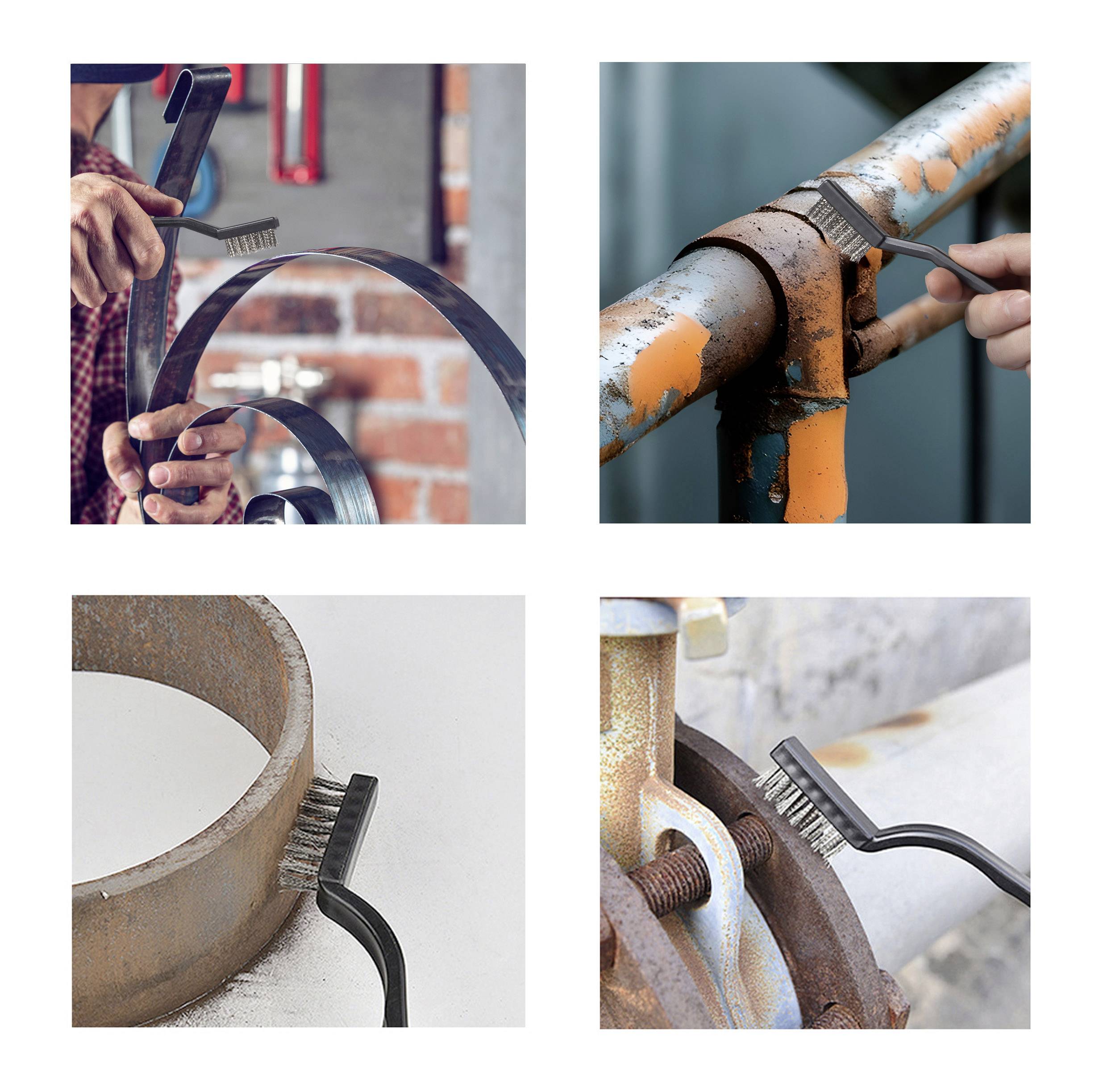 Four images showing a wire brush cleaning different rusted metal surfaces: a pipe, a joint, a ring, and a bolt.