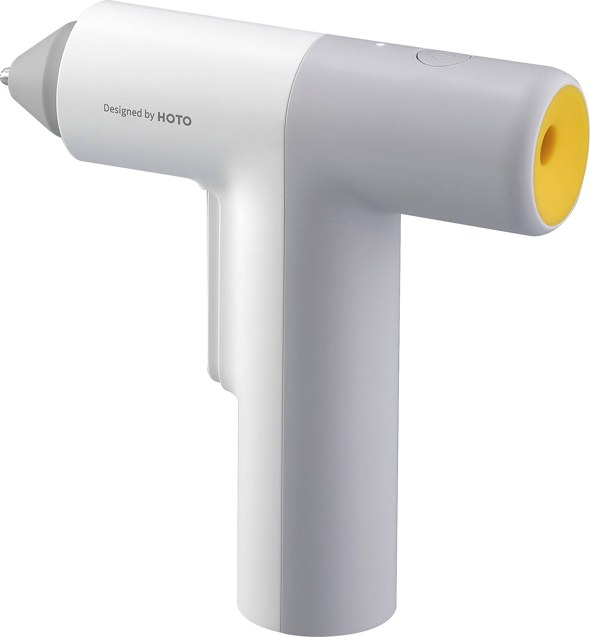 'White cordless hot glue gun in modern design, grey handle with yellow nozzle, inscription 'Designed by HOTO'.'