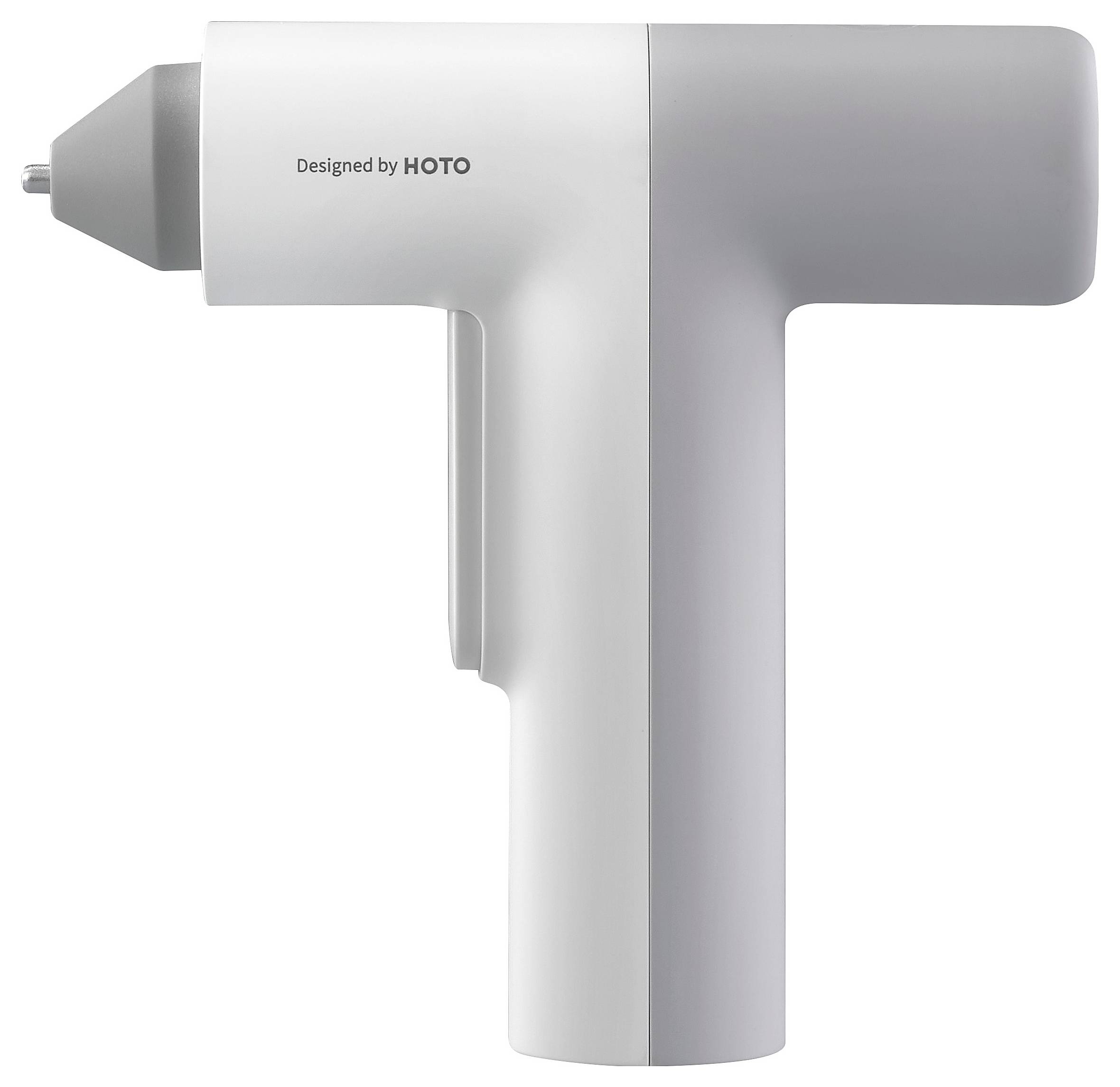 A white-grey cordless drill driver viewed from the side, with the inscription 'Designed by HOTO' on the housing.