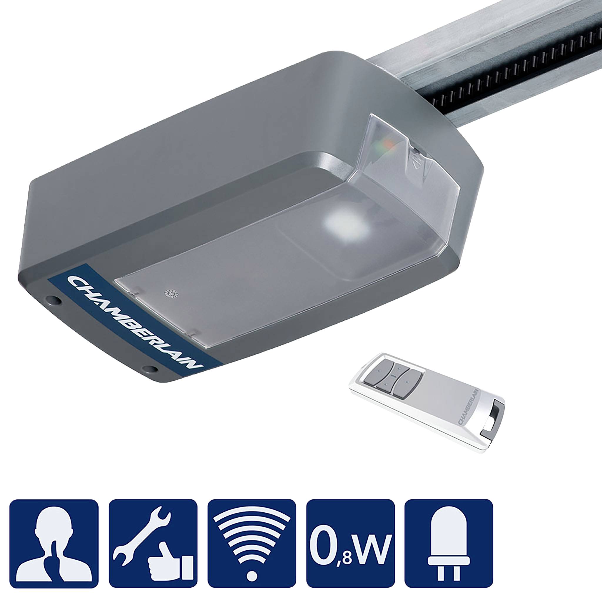 Electric Garage Door Opener with Remote Control. Toolbar displays features: Secure, Easy to Install, Wi-Fi Enabled, Energy Efficient.