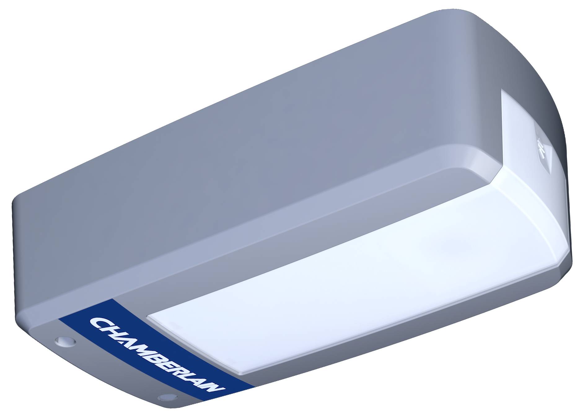 Garage door opener module in a rectangular shape, silver in colour with a white light panel on the underside and blue 'Chamberlain' logo.