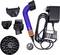 Dyson hair dryer with blue nozzle, black diffuser and multiple attachments. Includes a mains cable with plug.