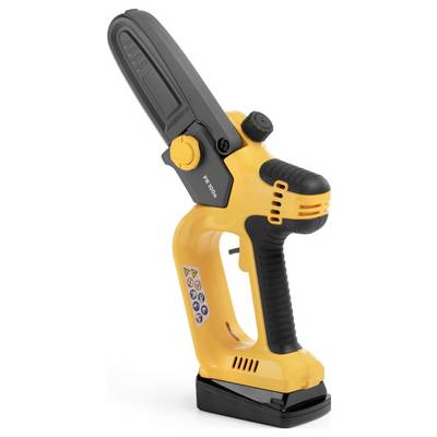 Yellow battery-powered chainsaw with a black handle and protective cover. Compact and cordless, suitable for light garden work.
