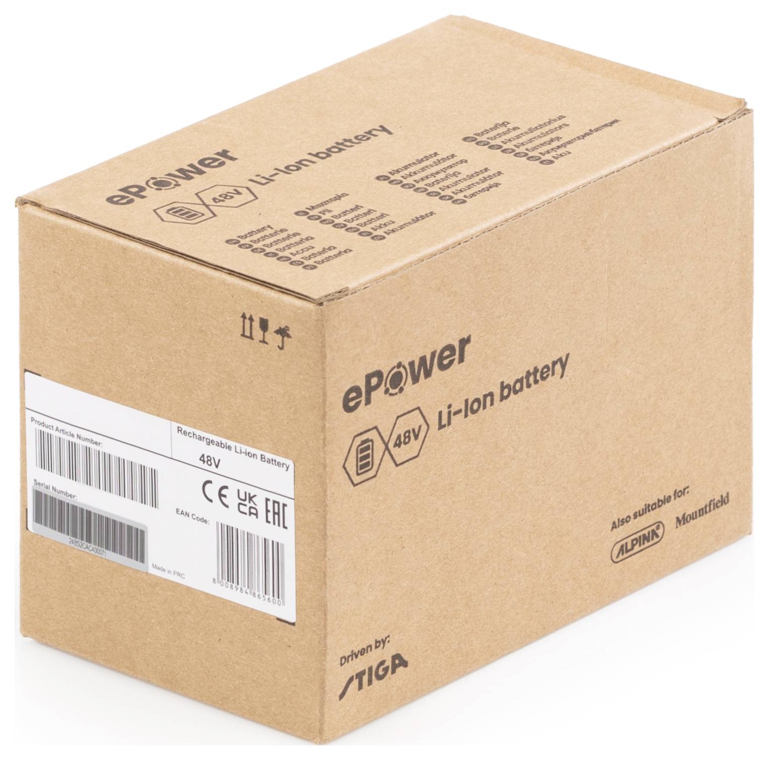 Cardboard box with printed markings: 'ePower', 'Li-Ion battery', '48V'. Label with barcode and CE mark. Marked for use in lawnmowers.