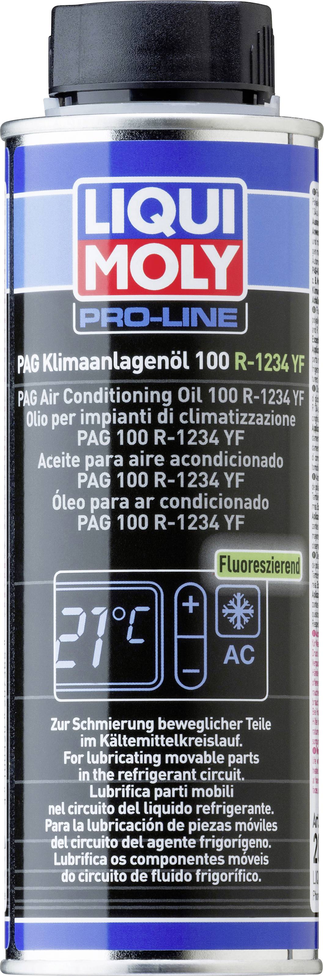Tin with the label: Liqui Moly Pro-Line PAG Air Conditioning Oil 100 R-1234 YF, for air conditioning systems. Contains fluorescent additives.