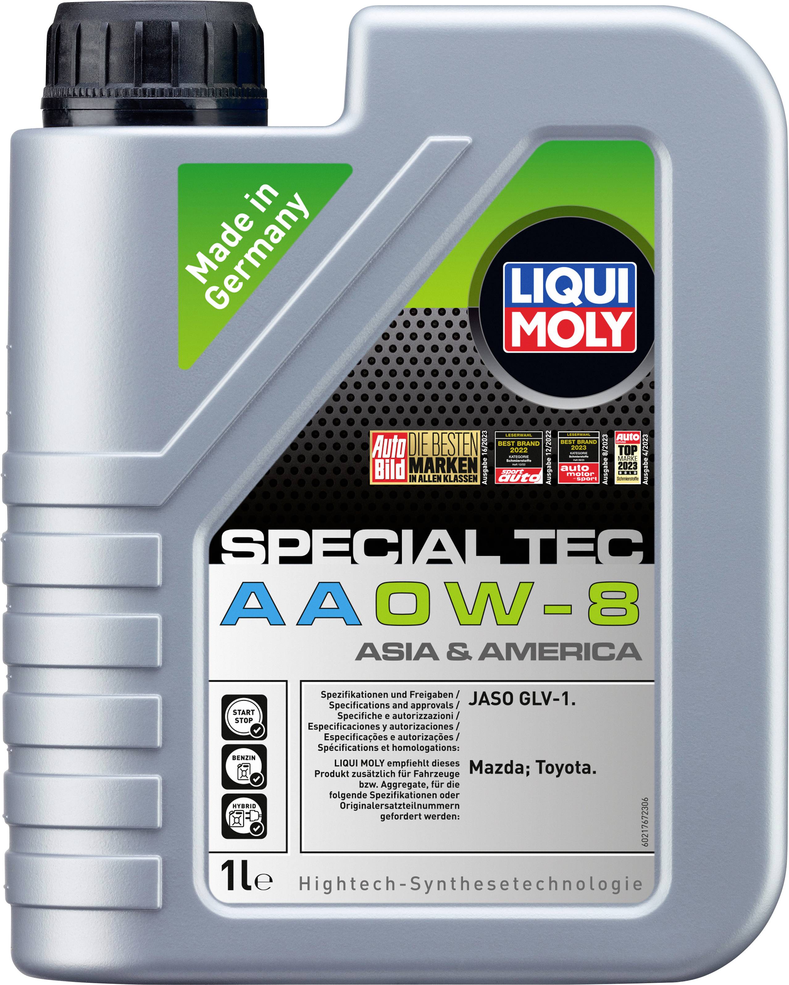 Oil can with the inscription 'Liqui Moly Special Tec AA 0W-8', suitable for Mazda and Toyota. Contains information about specifications and origin.
