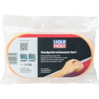 A tough hand polishing sponge by Liqui Moly in a transparent packaging. Suitable for manual processing of all abrasive polishes.