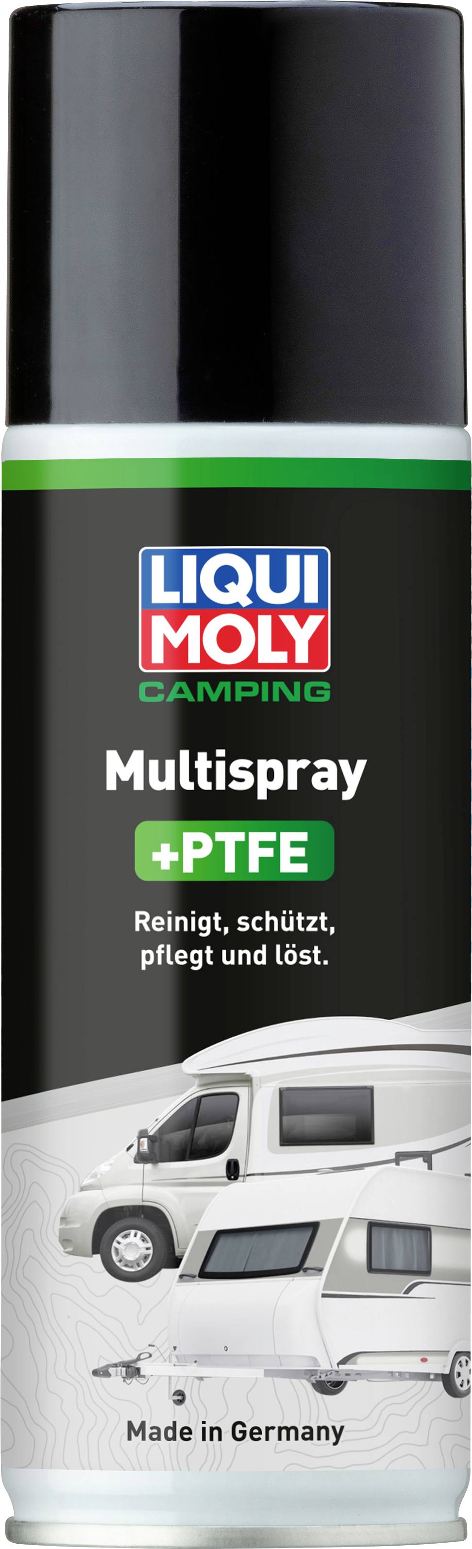 Can of 'Liqui Moly Multispray +PTFE' with text 'Cleans, protects, maintains and loosens'. Images of a motorhome and caravan.