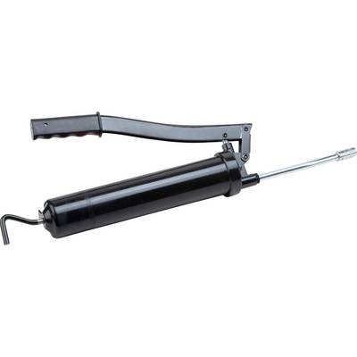 A black grease gun with a long handle and outlet pipe, used for applying lubricant to machinery.