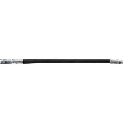 A flexible, black hose with silver metal connectors at both ends, likely for industrial applications.