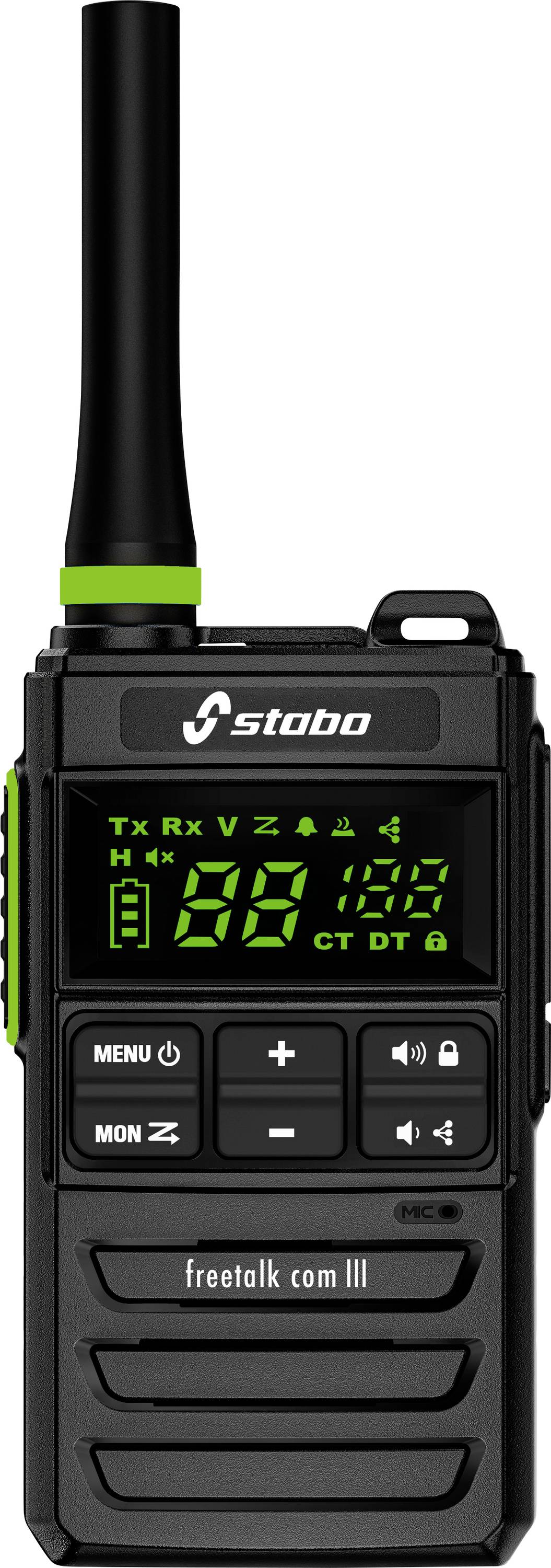 A black radio with green accents, displaying a digital frequency readout on the screen. The brand name 'stabo' is visible at the top.