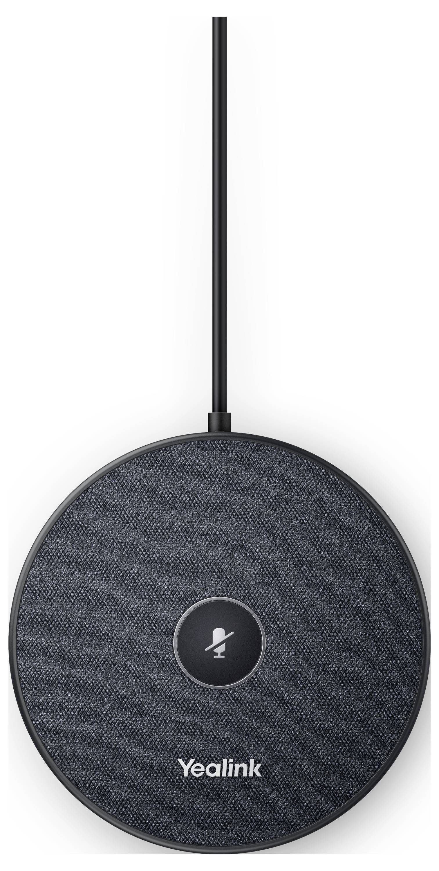 Yealink speakerphone with mute button on top, featuring a circular design and a connecting cable.