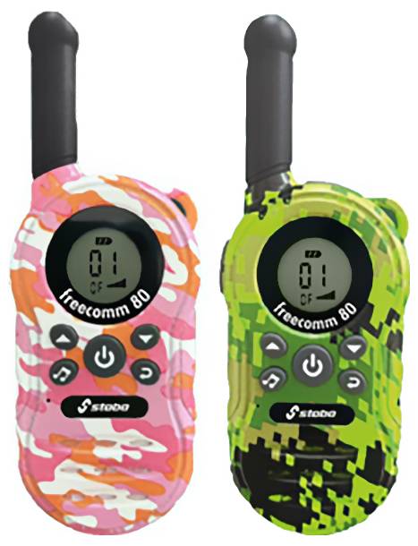 Two colourful walkie-talkies, one in pink and one in green, with a digital display and buttons. Both are showing channel 1.