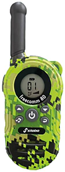 A green, camouflage-coloured walkie-talkie with an antenna and display showing '01'. Buttons for settings and volume.