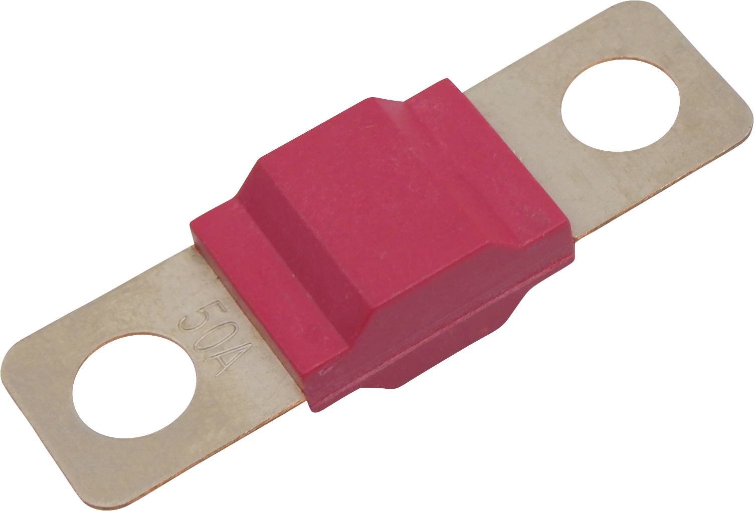 Flat red fuse with two metal contacts, typically used for protecting electrical circuits.