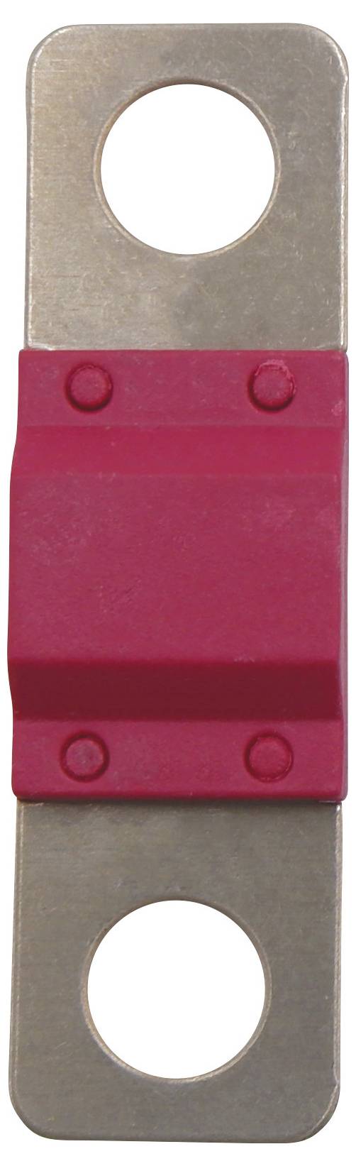 A red electrical connector with two round metal eyelets at the top and bottom, used for securing or connecting electrical cables.