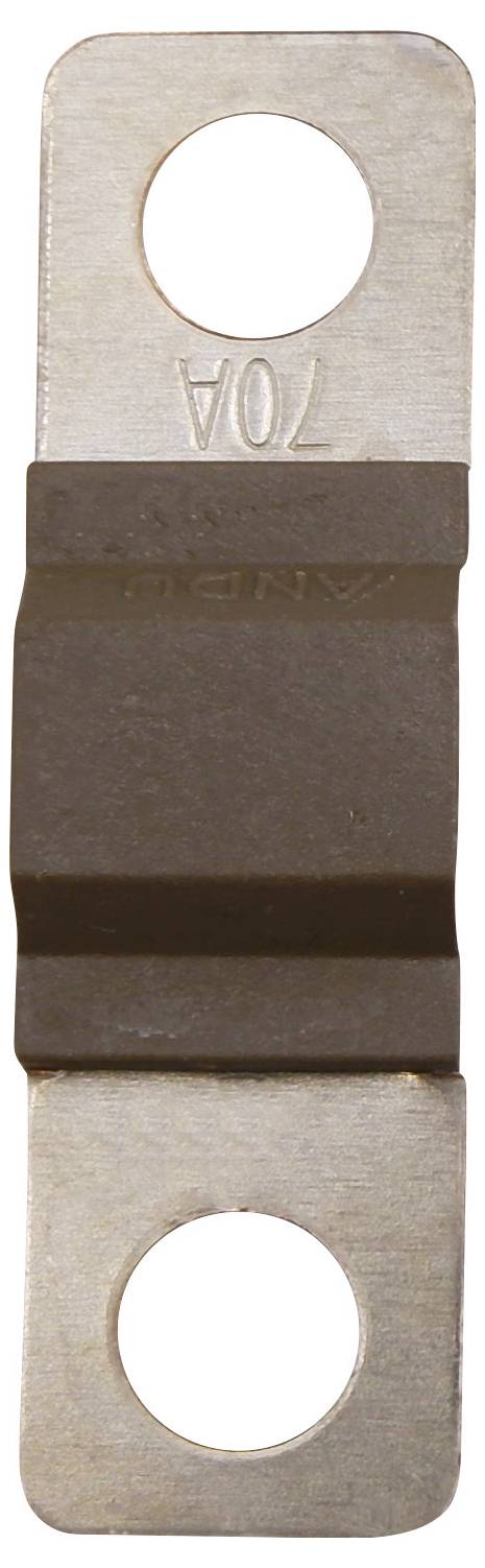 A brown fuse marked '70A'. It has a metal hole at the top and bottom for mounting.