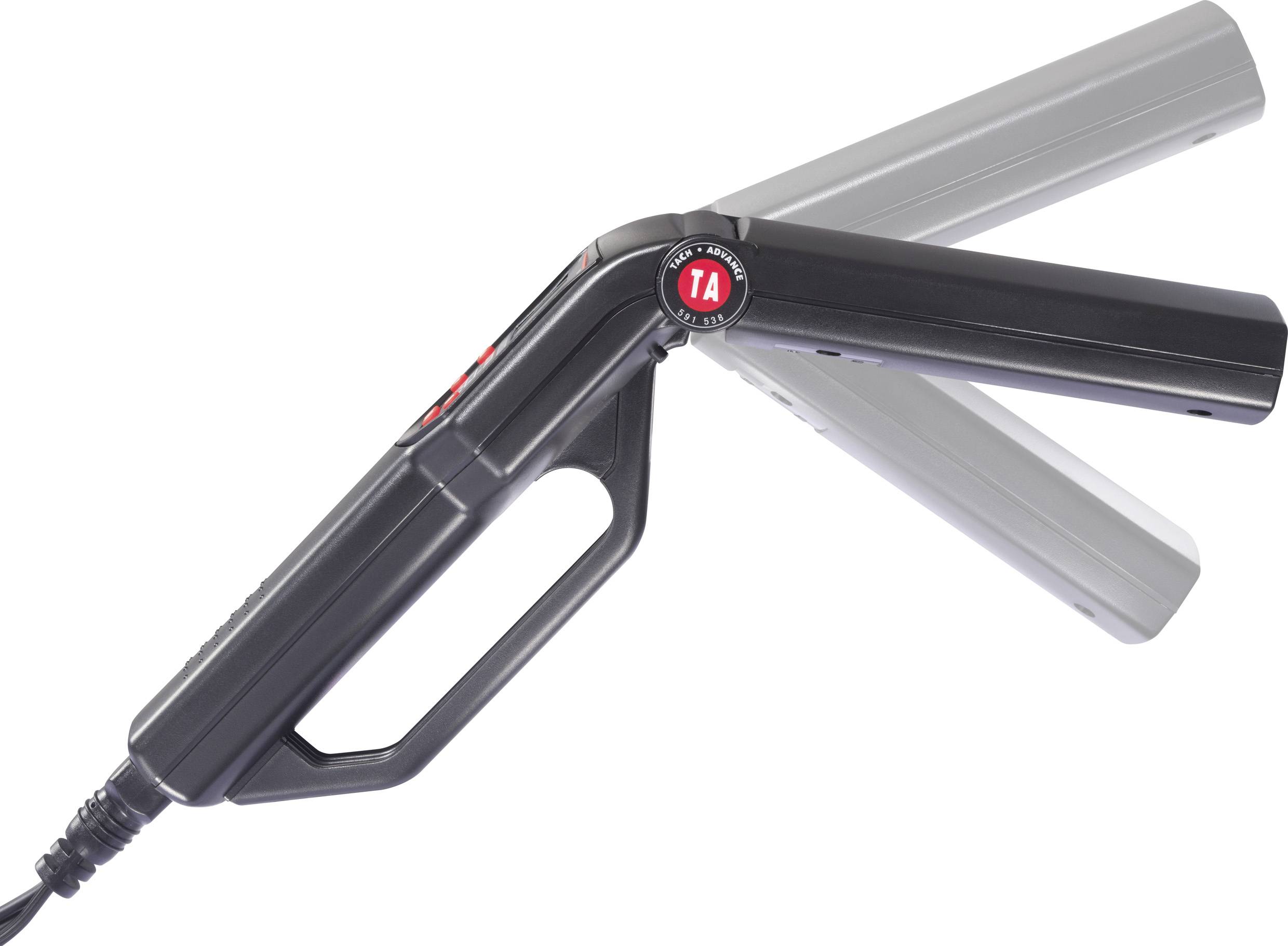 A black, foldable razor in profile, whose handle simplifies handling.