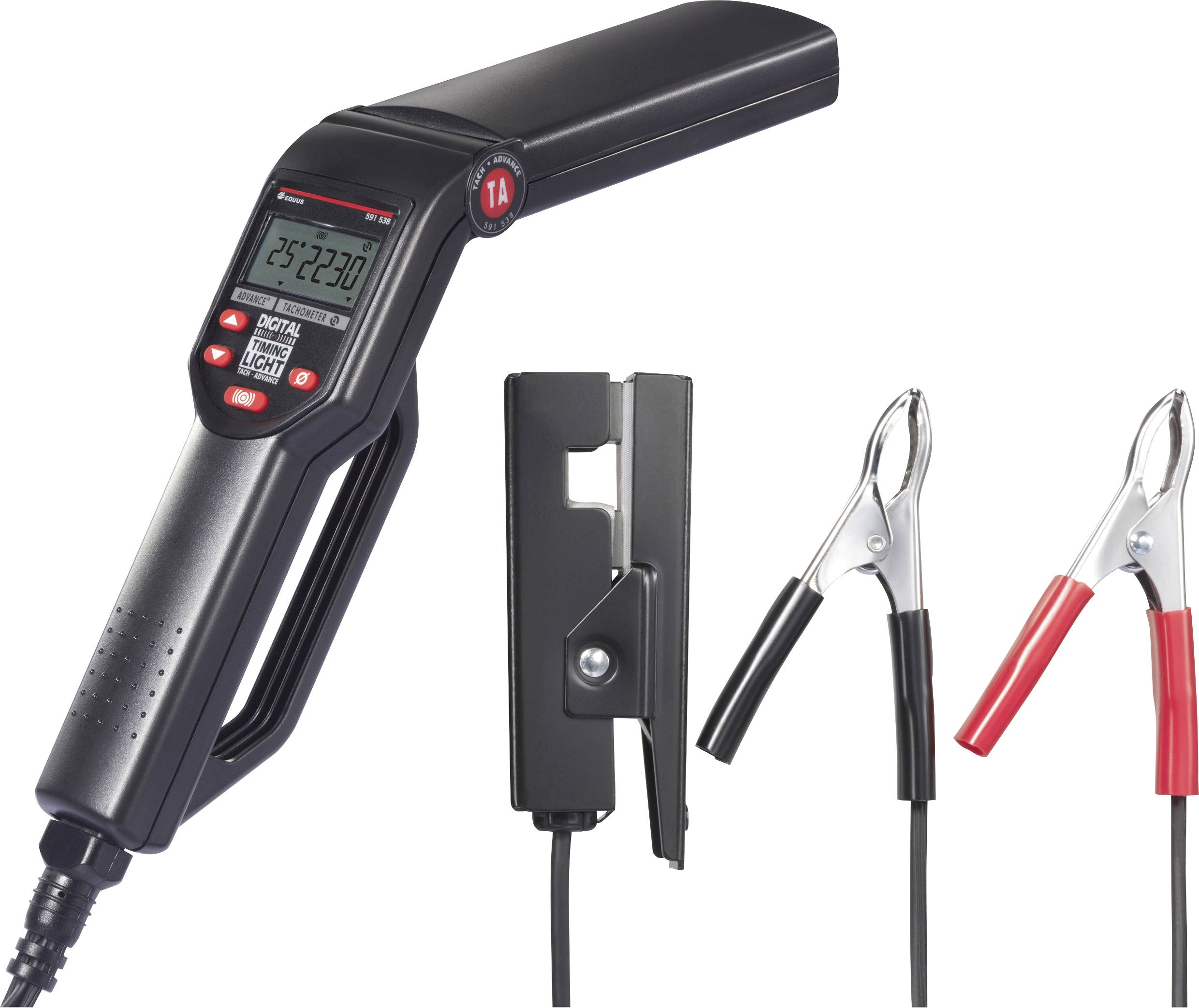 Electronic ignition timing gun with LCD display, surrounded by red and black clamps, for precise engine adjustments.