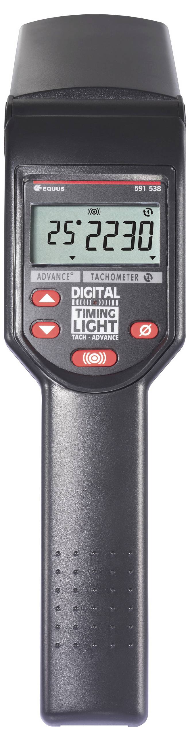Digital timing light device, displaying '25' and '2230' on the screen, with black and red control elements.