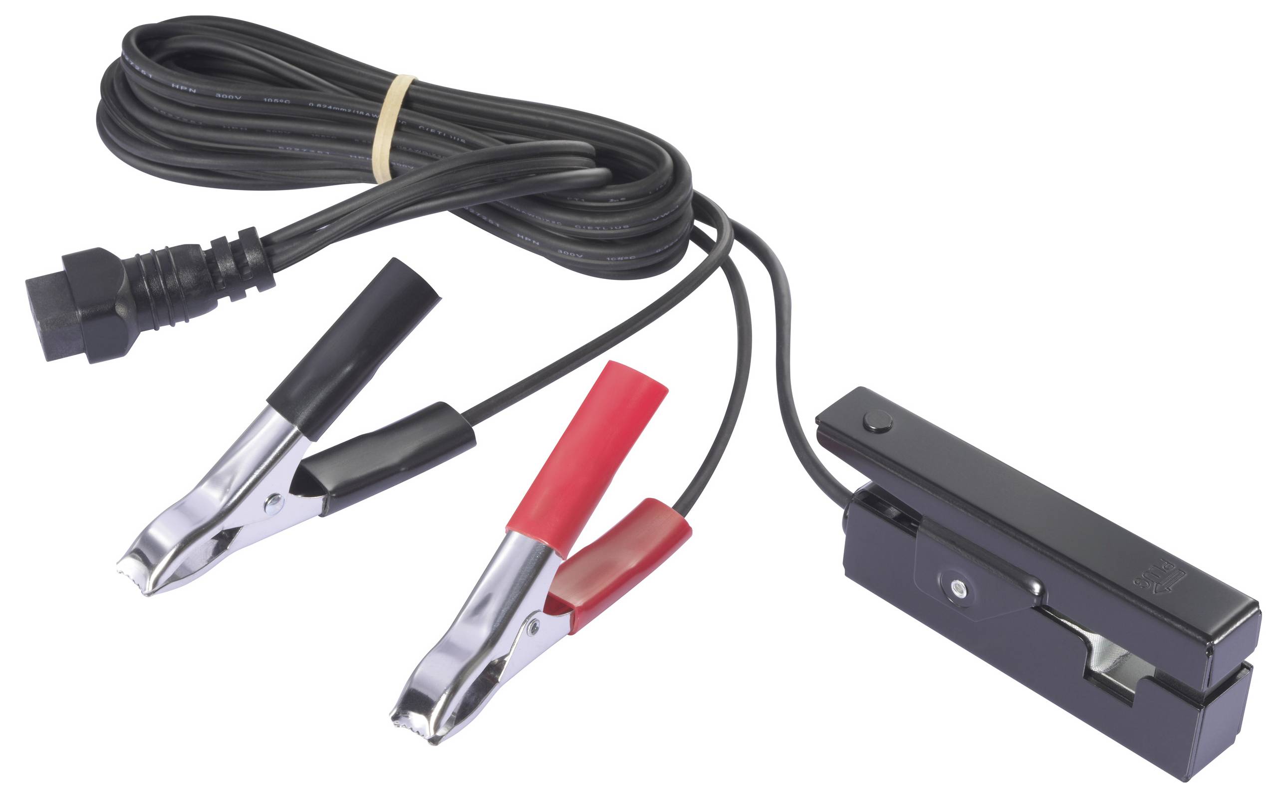 Black-red battery charger with crocodile clips and long cable.