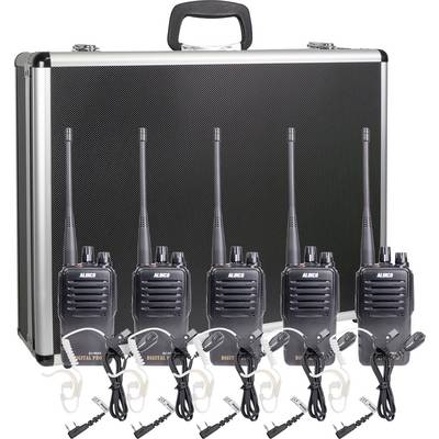 Five radio devices with antennas and earpieces are positioned in front of a silver hard-shell case, ready for communication use.