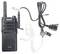 A black handheld radio transceiver with an antenna, socket for earphones and microphone. Accessories such as an earphone-microphone set beside it.