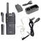 A two-way radio with accessories: charger, charging dock, earpiece with microphone. Suitable for communication over long distances.