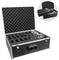 An open suitcase displays a collection of microphones and headphones in moulded inserts, ready for transport or storage.