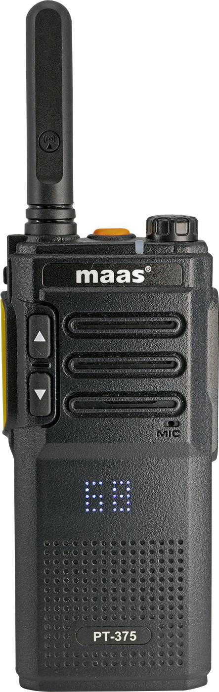 A black handheld radio transceiver by 'maas', model PT-375, with a long antenna and multiple buttons on the front.