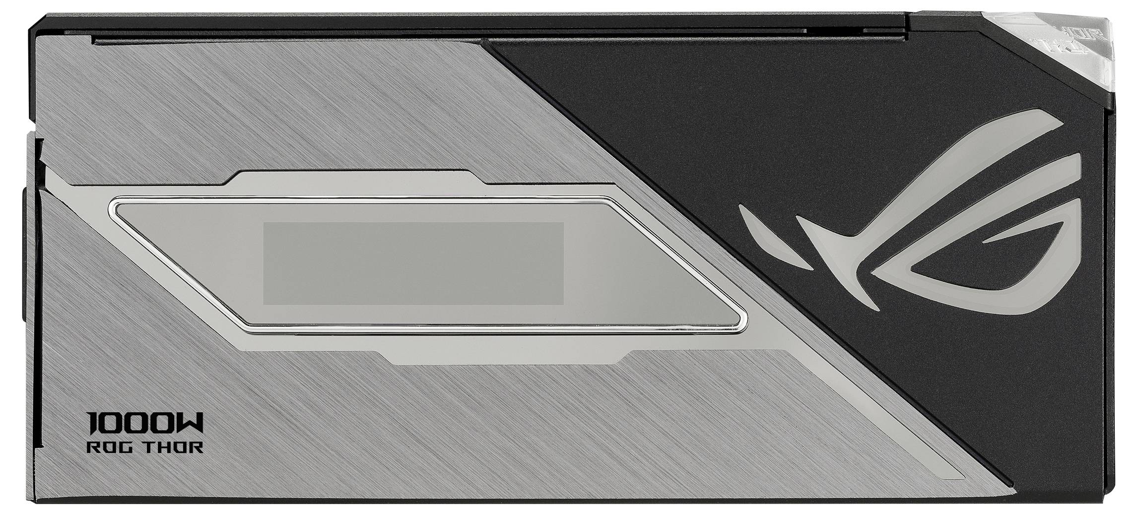 A PC power supply with 1000W output, modern design and logo on a black and silver surface.