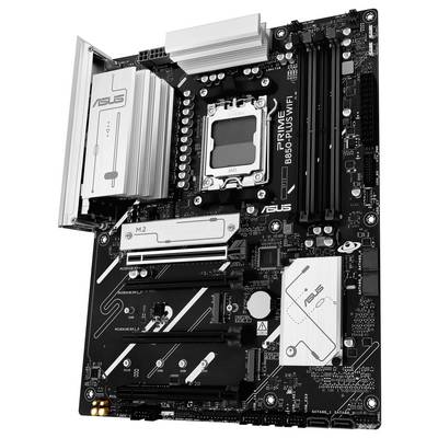 A black computer motherboard with multiple slots for RAM, a CPU socket, various ports and labelling.