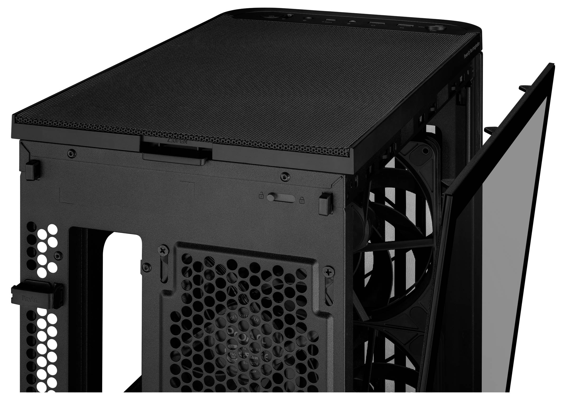 A black computer case with an open side panel reveals internal fans and ventilation grilles.