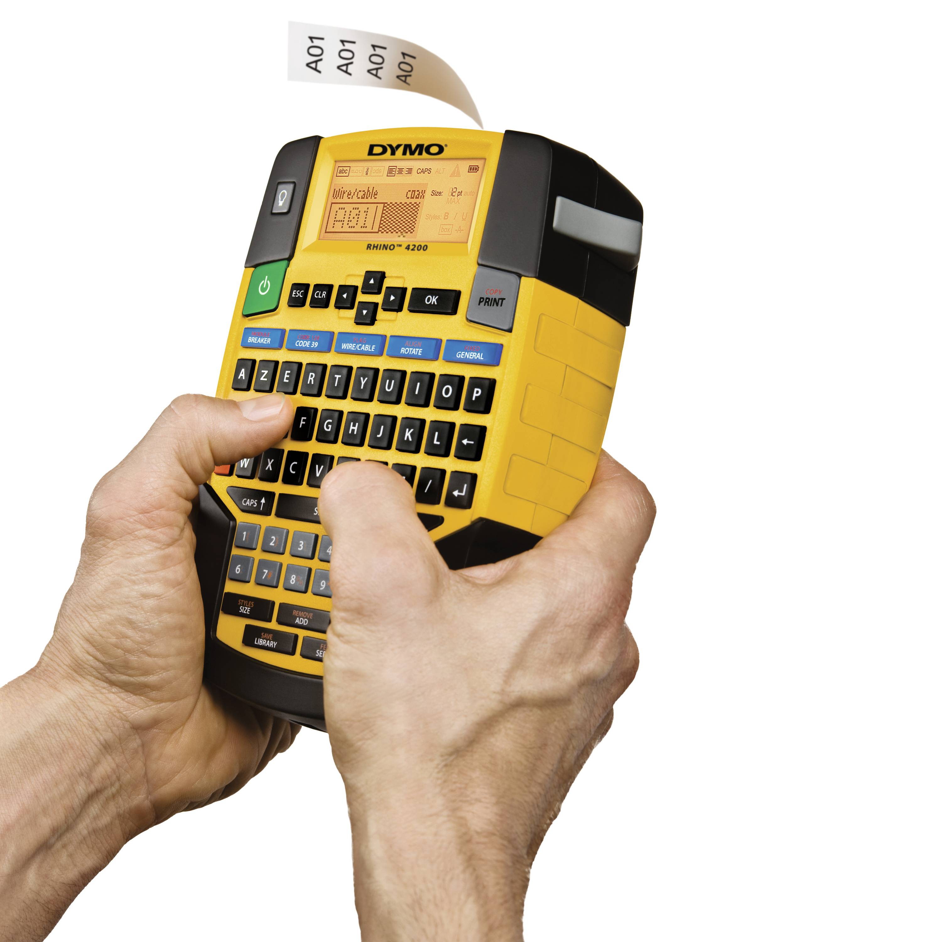 A person is holding a yellow label maker with a label printed with 'A01'.
