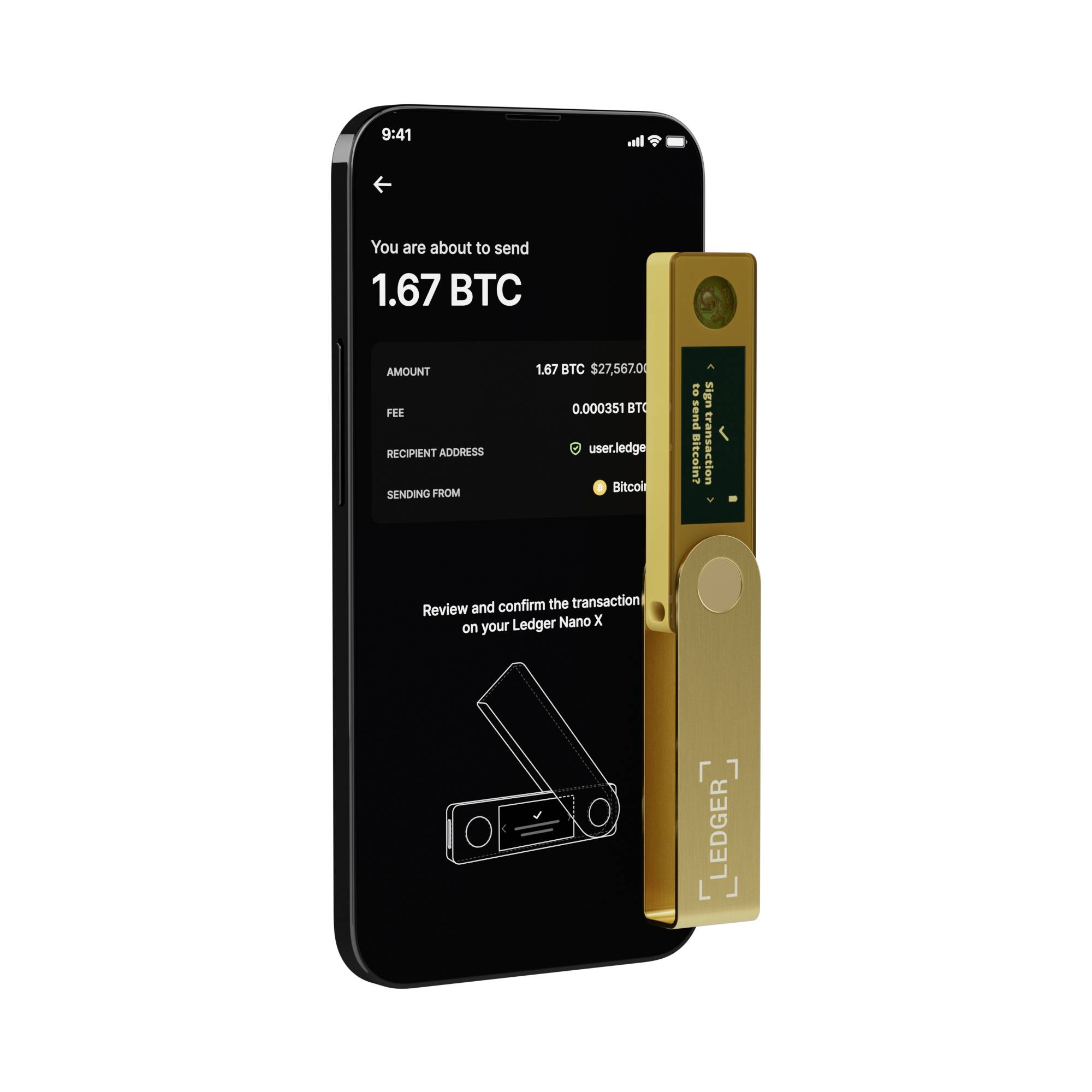 A smartphone displays a transaction of 1.67 BTC. Beside it, a Ledger Nano X for confirming cryptocurrency transactions.