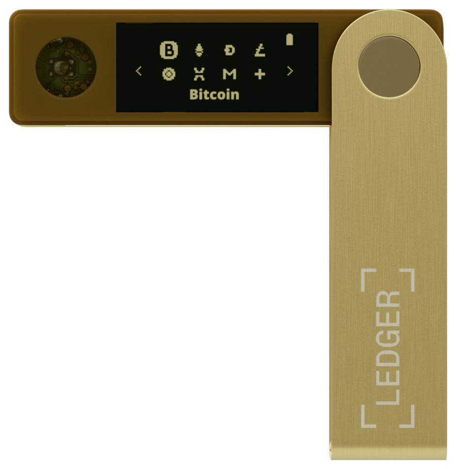 A Ledger device with an open display shows information about the Bitcoin currency.