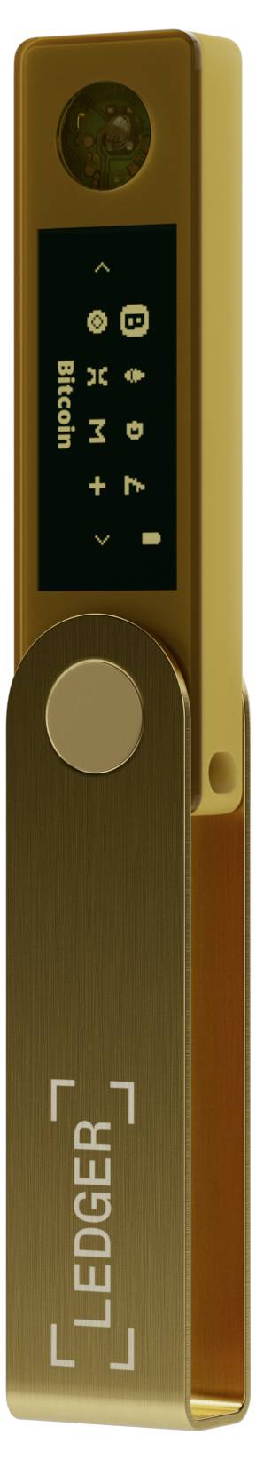 USB drive-shaped device in gold with a display and symbols, including Bluetooth symbol and the word 'LEDGER'.