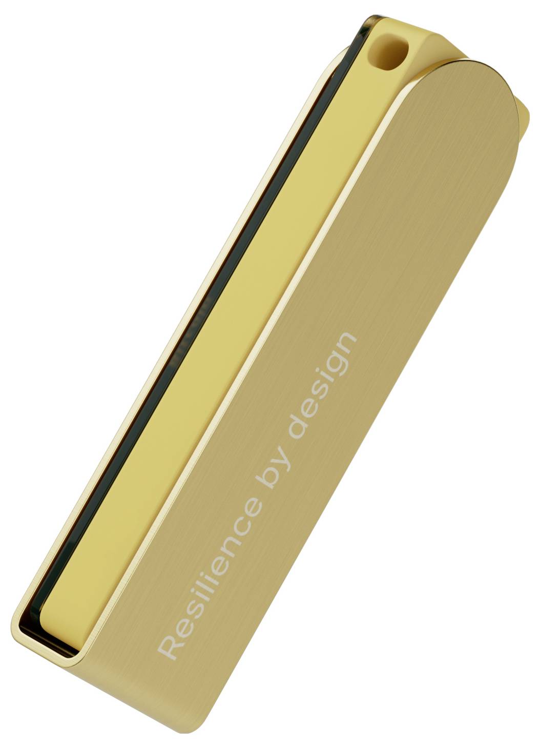 Golden USB stick with the inscription 'Resilience by design'.