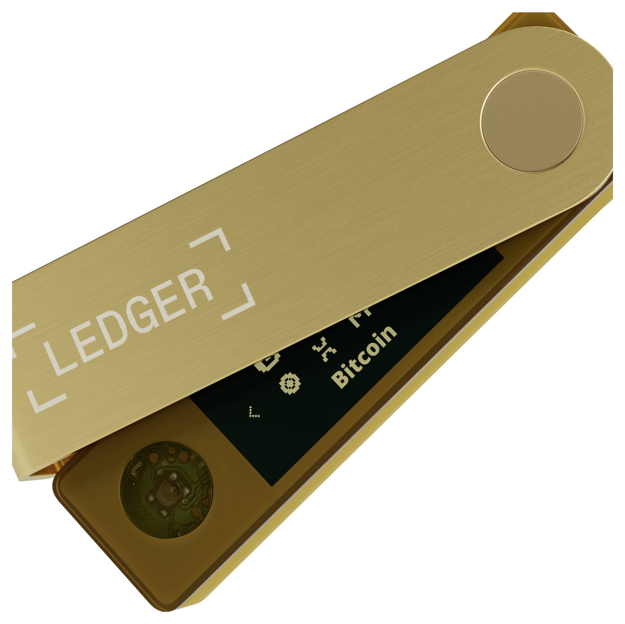 A golden USB stick with the inscription 'LEDGER', partially opened, displays a digital screen with the word 'Bitcoin'.