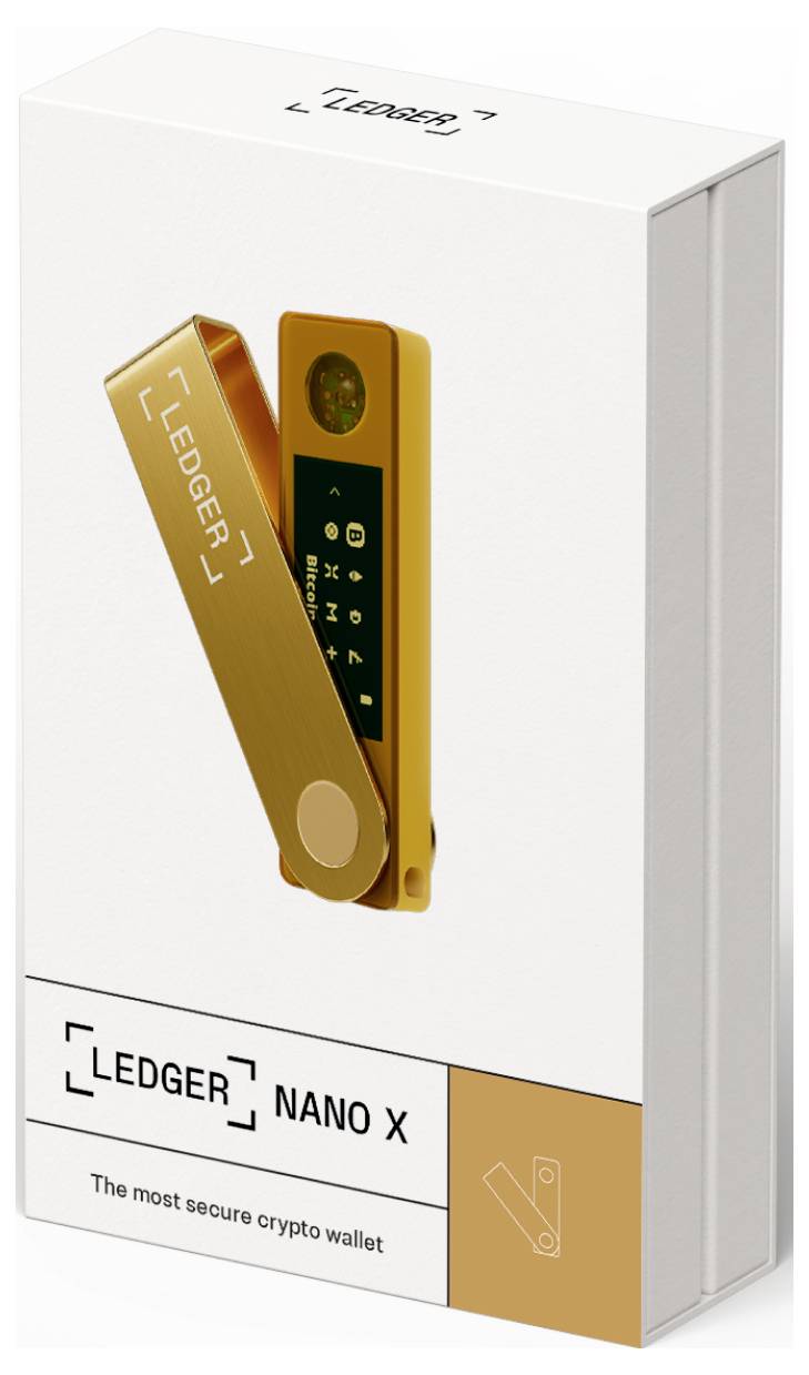 Packaging of a 'Ledger Nano X' cryptocurrency wallet. Golden hardware wallet with screen. Text: 'The most secure crypto wallet'.
