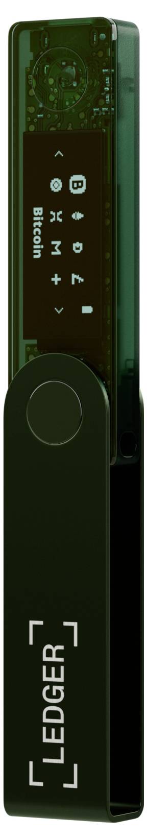 A black hardware wallet with the inscription 'LEDGER'. The screen displays symbols and the word 'Bitcoin'.