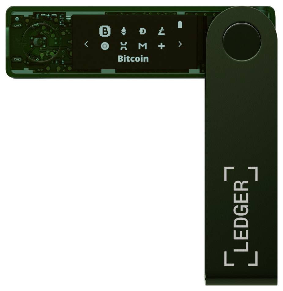 A Bitcoin hardware wallet with a display showing the Bitcoin symbol and text. A notable button and 'LEDGER' on the casing.