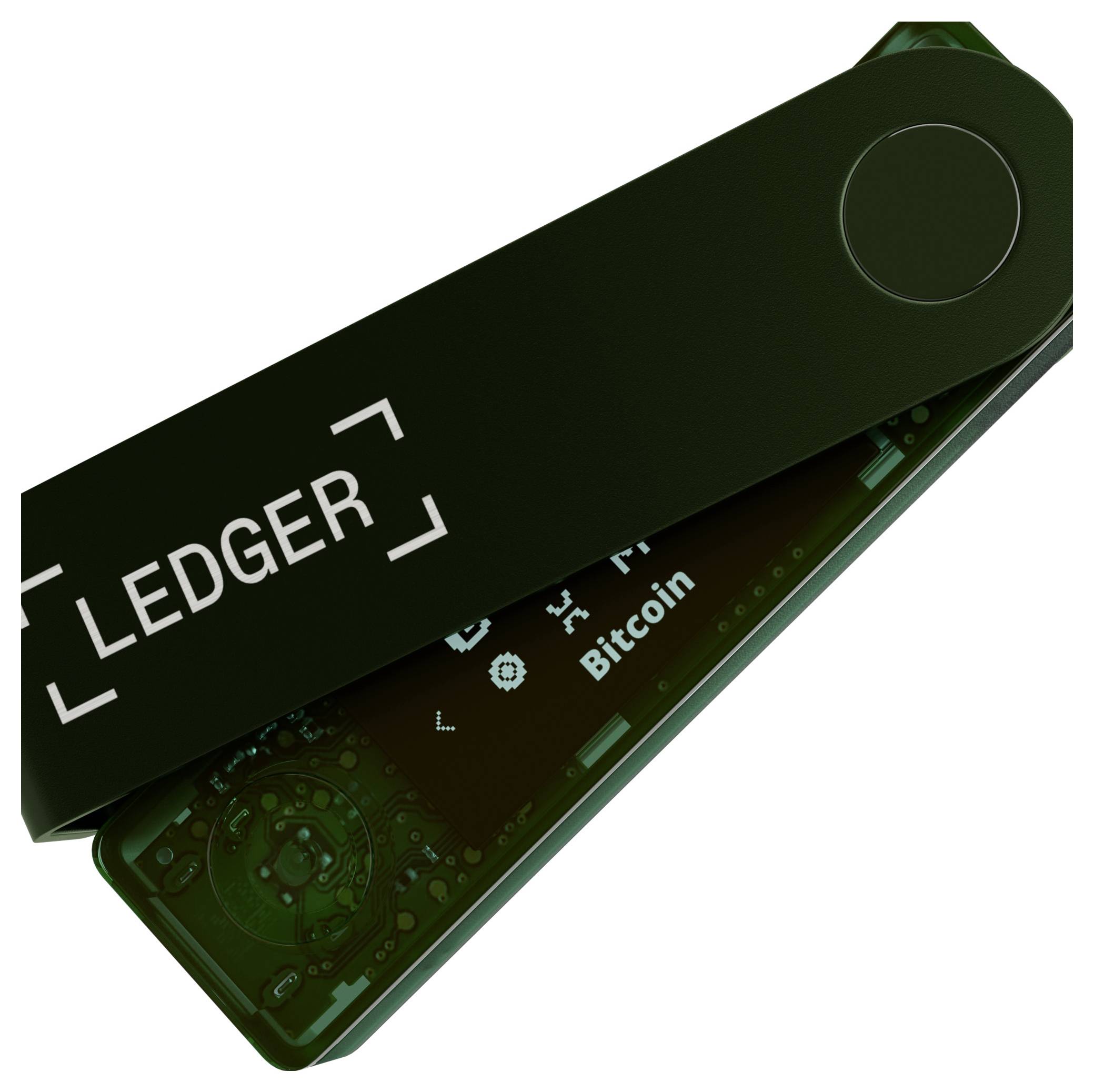A black hardware crypto wallet stick with 'LEDGER' printed on it displays a screen showing the Bitcoin logo and the word 'Bitcoin'.